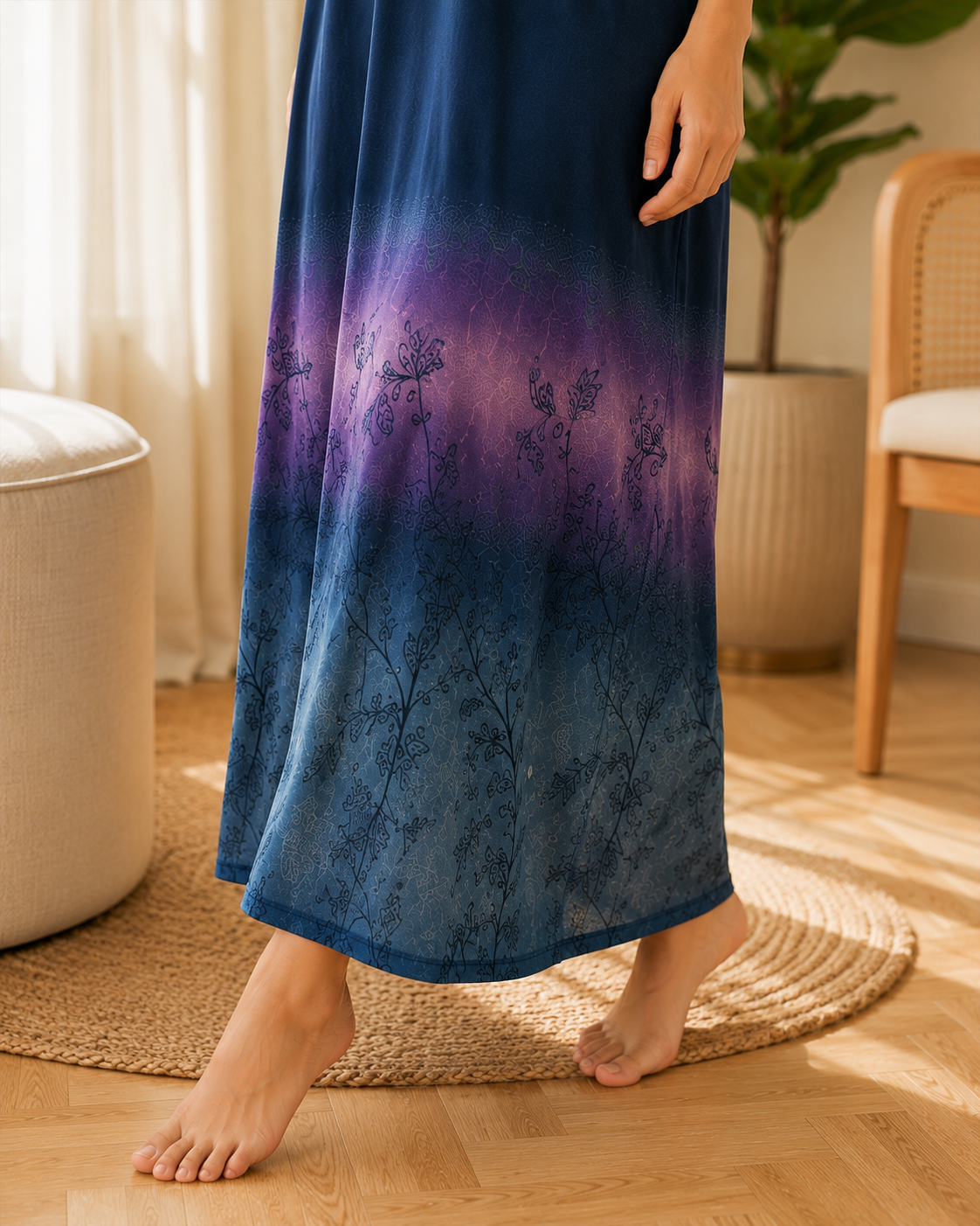 Belavastra Ombre Navy & Purple Rayon Maxi Nighty with Pocket