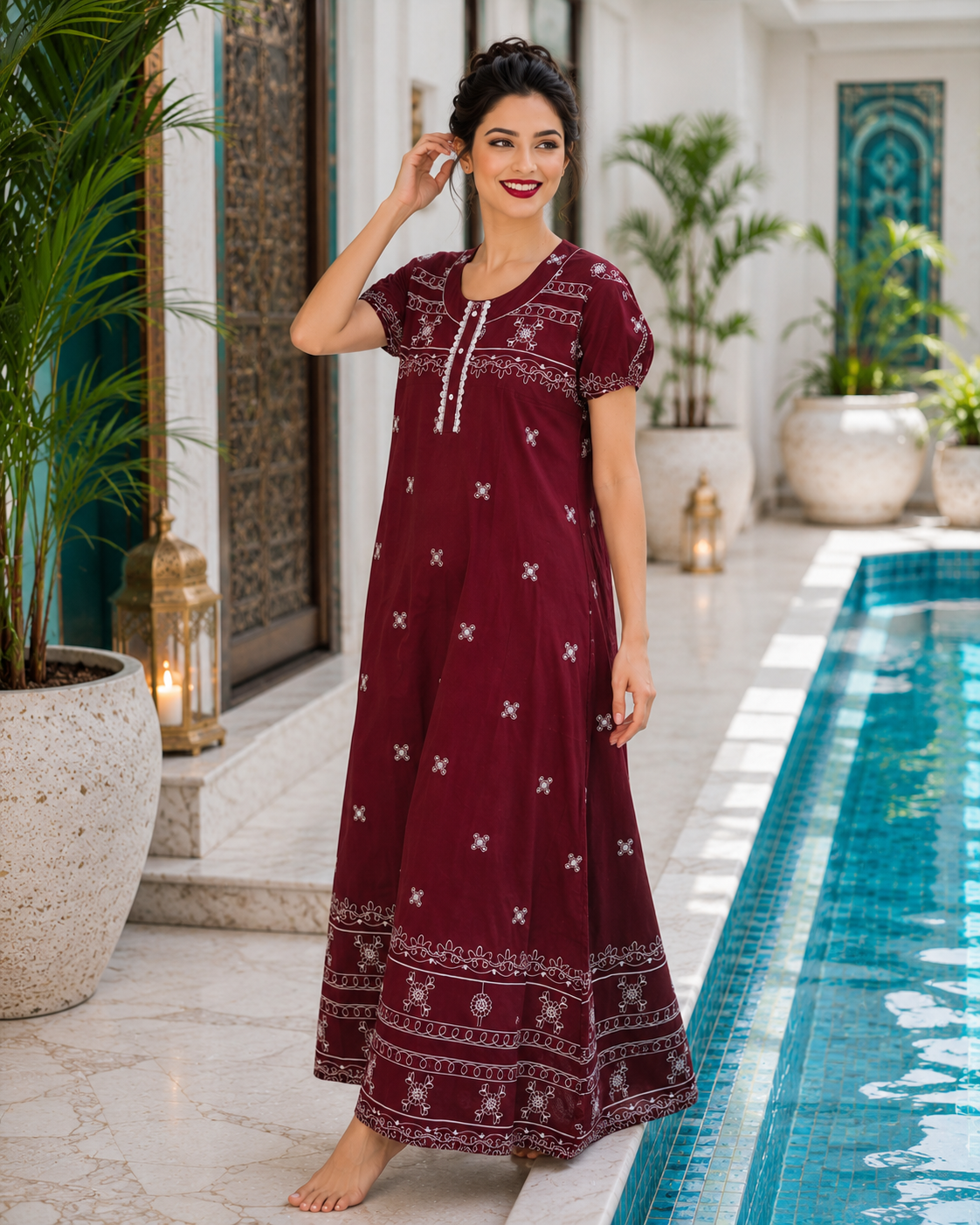 Belavastra Premium Maroon Rayon Ethnic Printed Maxi Nighty