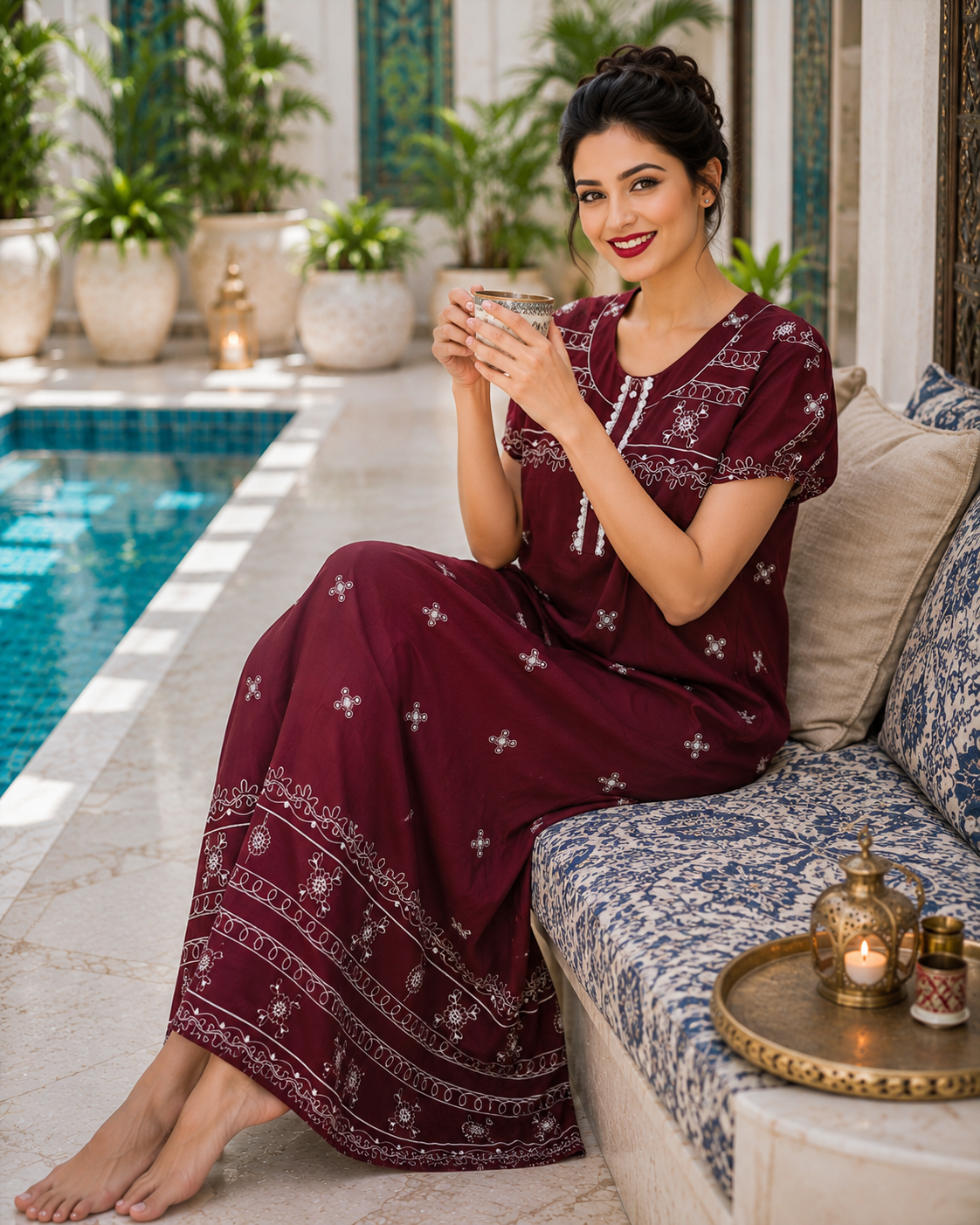 Belavastra Premium Maroon Rayon Ethnic Printed Maxi Nighty