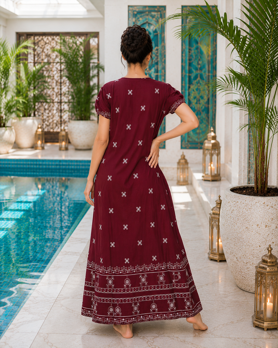 Belavastra Premium Maroon Rayon Ethnic Printed Maxi Nighty