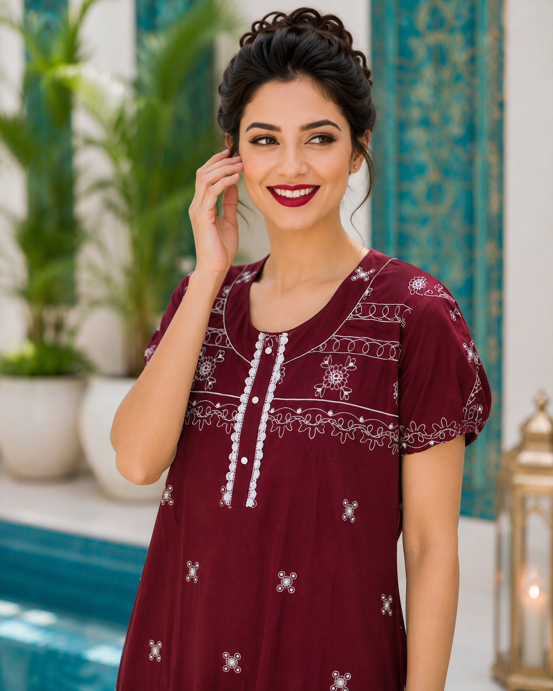 Belavastra Premium Maroon Rayon Ethnic Printed Maxi Nighty