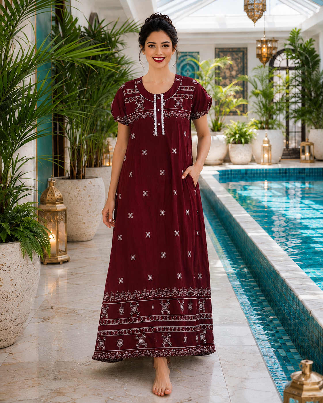 Belavastra Premium Maroon Rayon Ethnic Printed Maxi Nighty