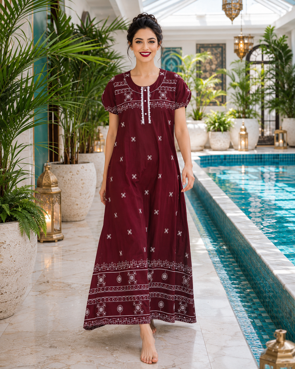 Belavastra Premium Maroon Rayon Ethnic Printed Maxi Nighty
