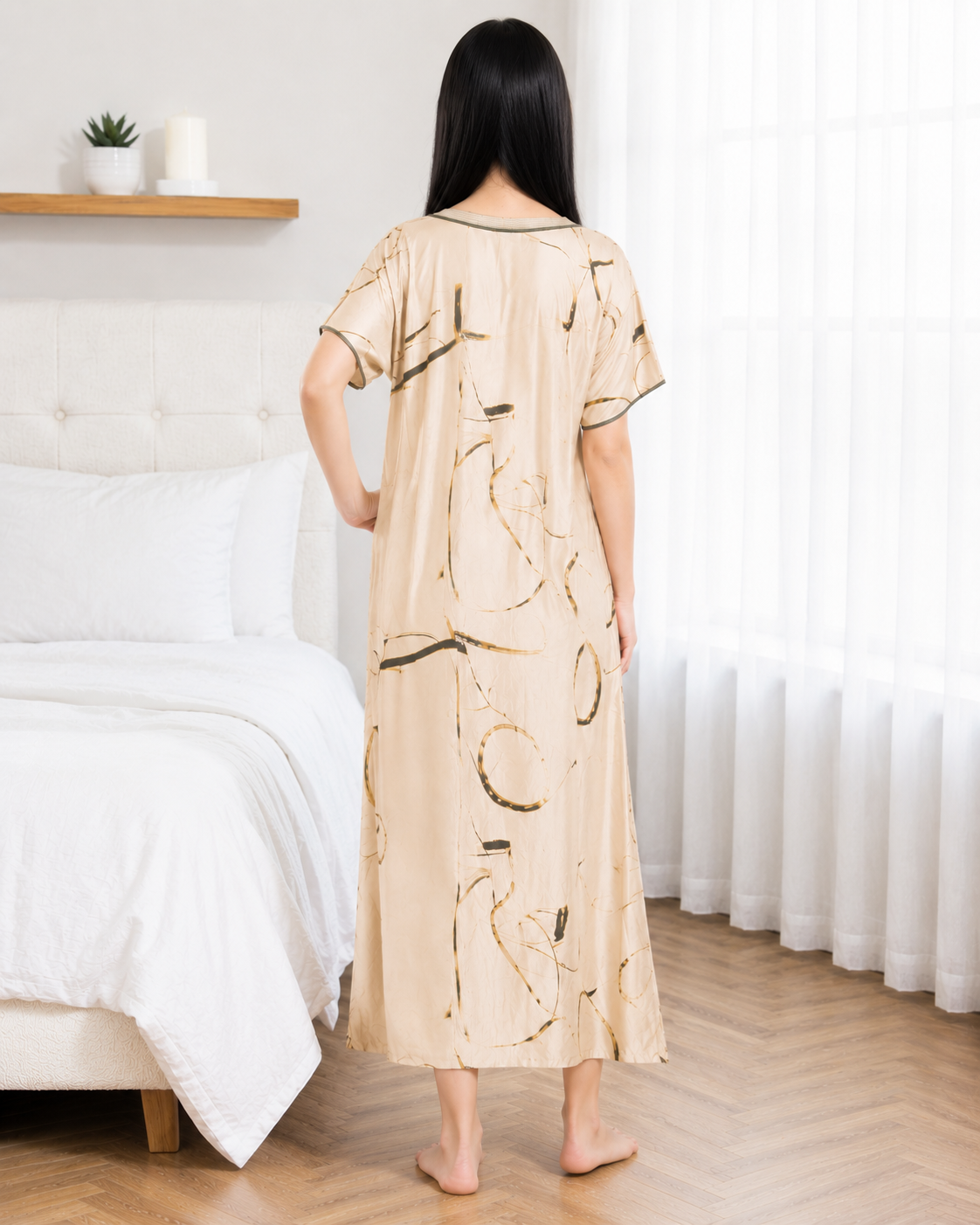 Belavastra Premium Glossy Satin Nighty - Champagne Beige Abstract Line Art Maxi