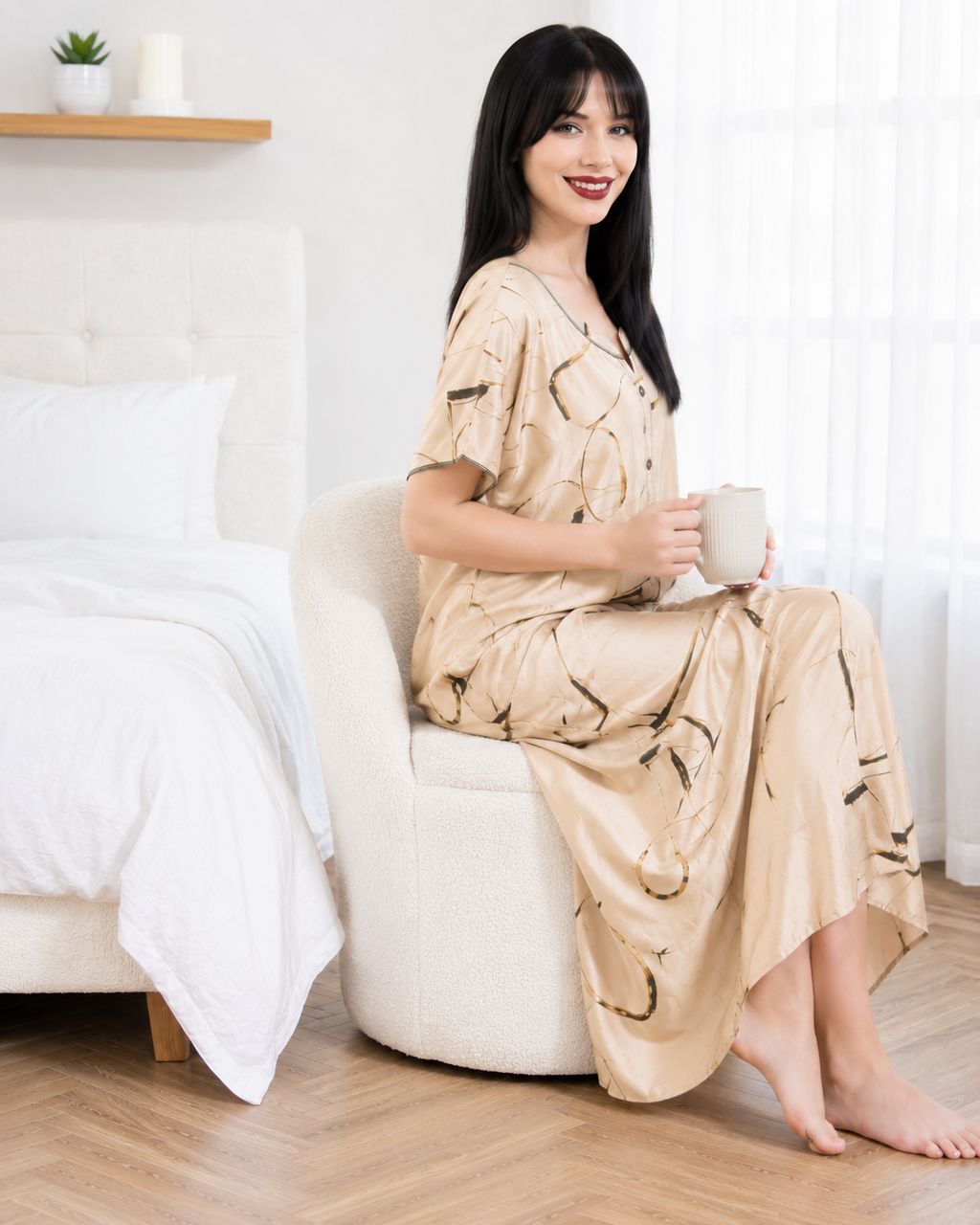 Belavastra Premium Glossy Satin Nighty - Champagne Beige Abstract Line Art Maxi