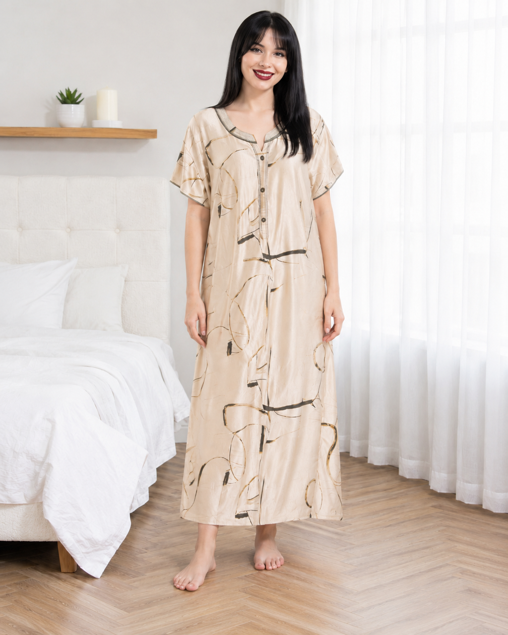 Belavastra Premium Glossy Satin Nighty - Champagne Beige Abstract Line Art Maxi