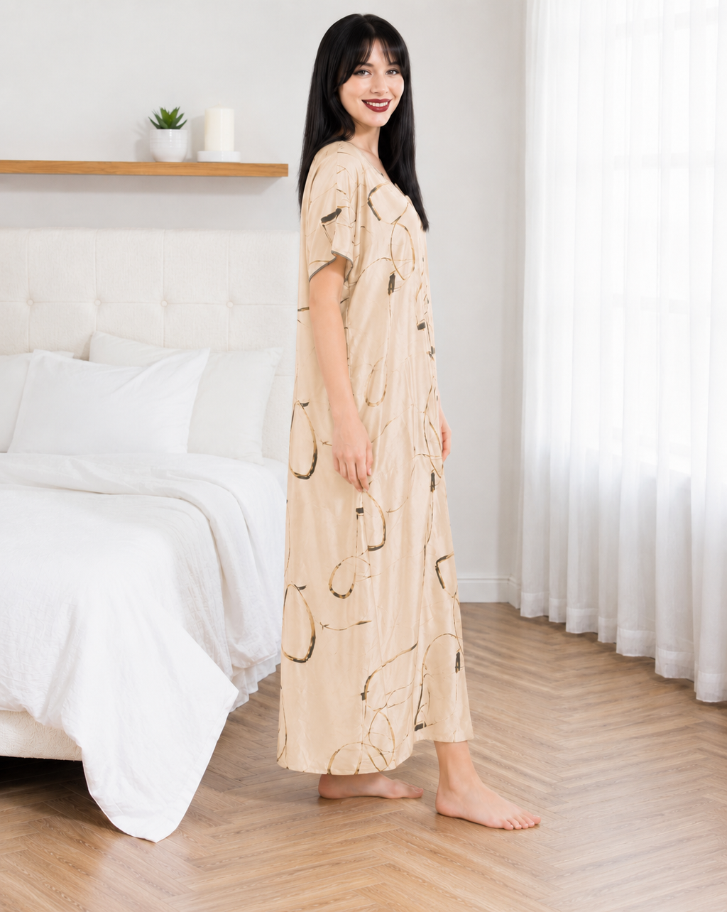 Belavastra Premium Glossy Satin Nighty - Champagne Beige Abstract Line Art Maxi