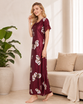 Belavastra Premium Glossy Satin Printed Nighty - Wine Burgundy & Ivory Floral