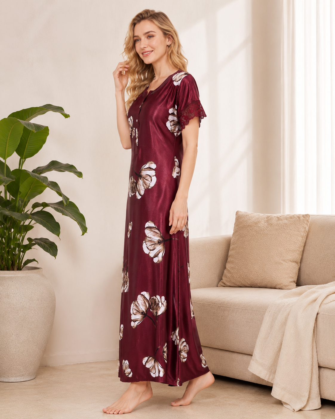 Belavastra Premium Glossy Satin Printed Nighty - Wine Burgundy & Ivory Floral