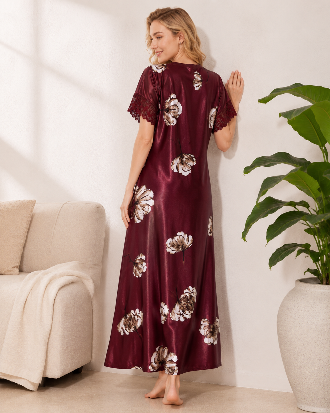 Belavastra Premium Glossy Satin Printed Nighty - Wine Burgundy & Ivory Floral