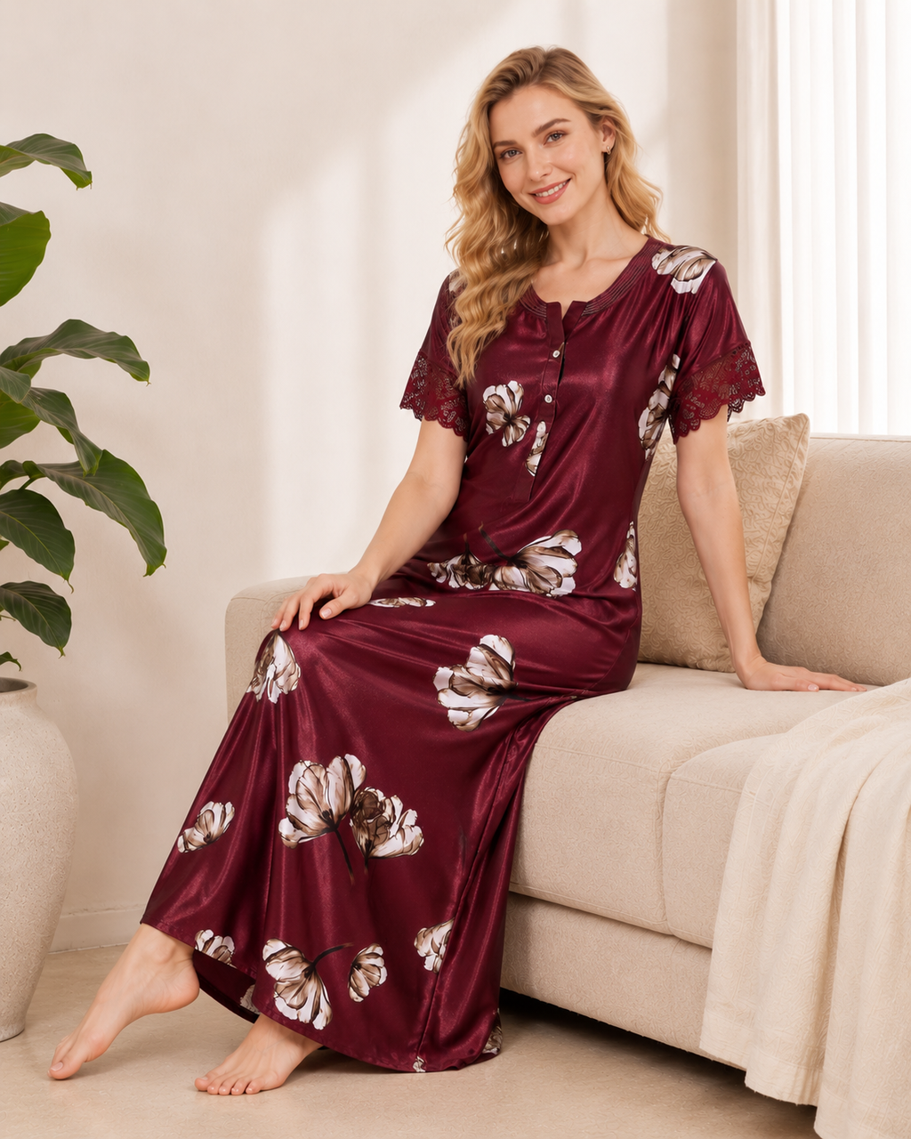 Belavastra Premium Glossy Satin Printed Nighty - Wine Burgundy & Ivory Floral