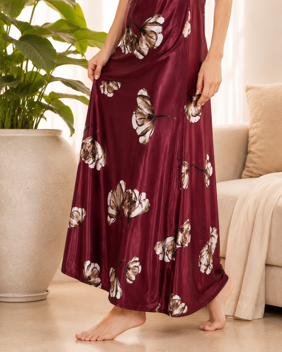 Belavastra Premium Glossy Satin Printed Nighty - Wine Burgundy & Ivory Floral