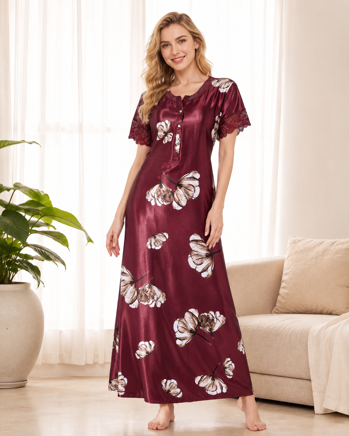 Belavastra Premium Glossy Satin Printed Nighty - Wine Burgundy & Ivory Floral