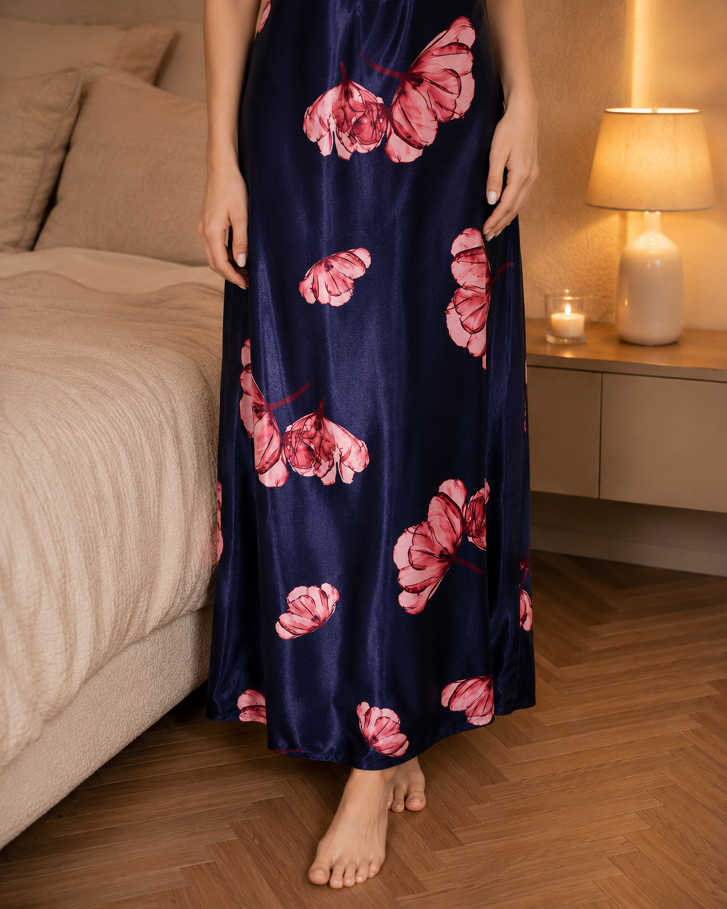 Belavastra Premium Glossy Satin Printed Nighty - Navy Blue & Blush Pink Floral