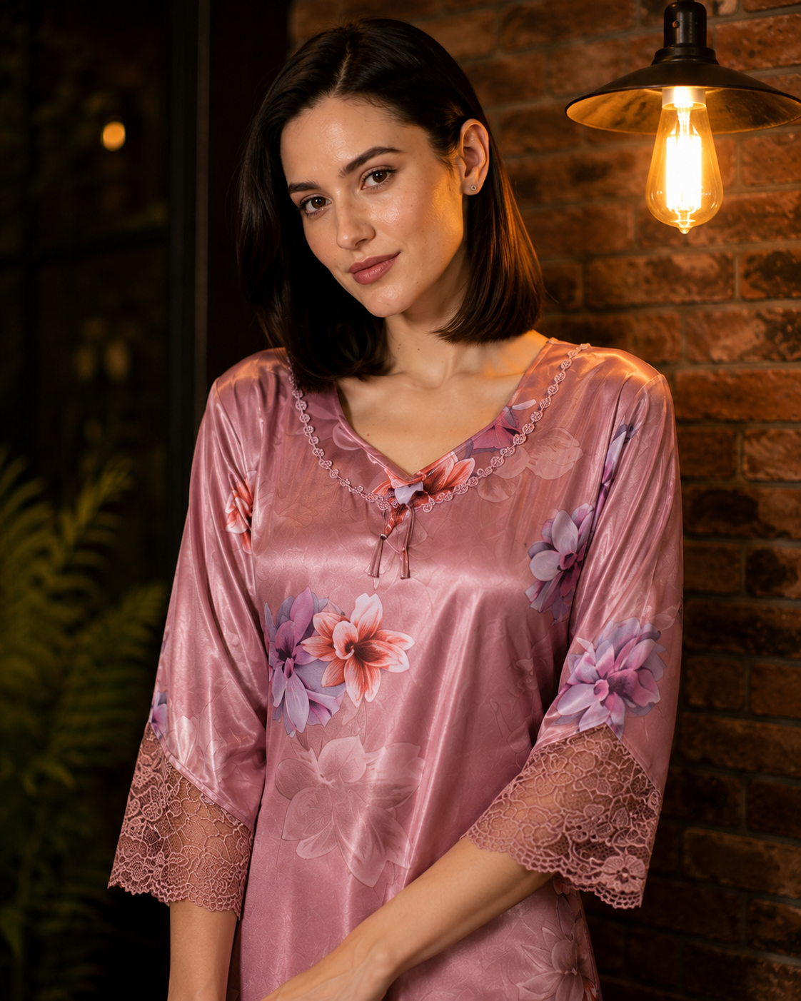 Belavastra Premium Glossy Satin Nighty - Rose Pink Floral 3/4 Sleeve Maxi