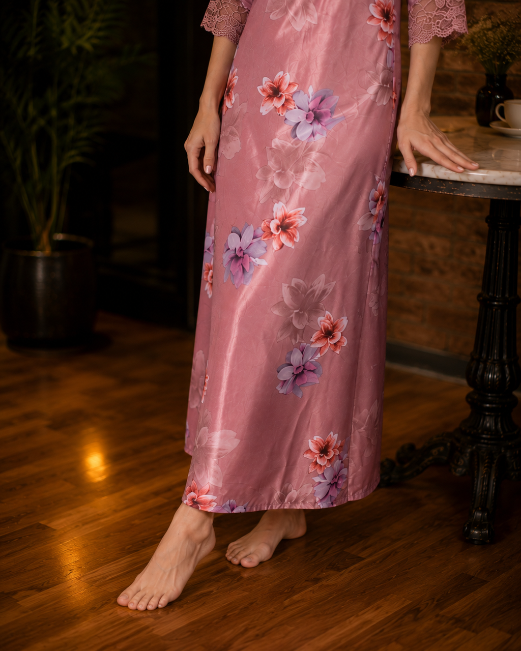Belavastra Premium Glossy Satin Nighty - Rose Pink Floral 3/4 Sleeve Maxi
