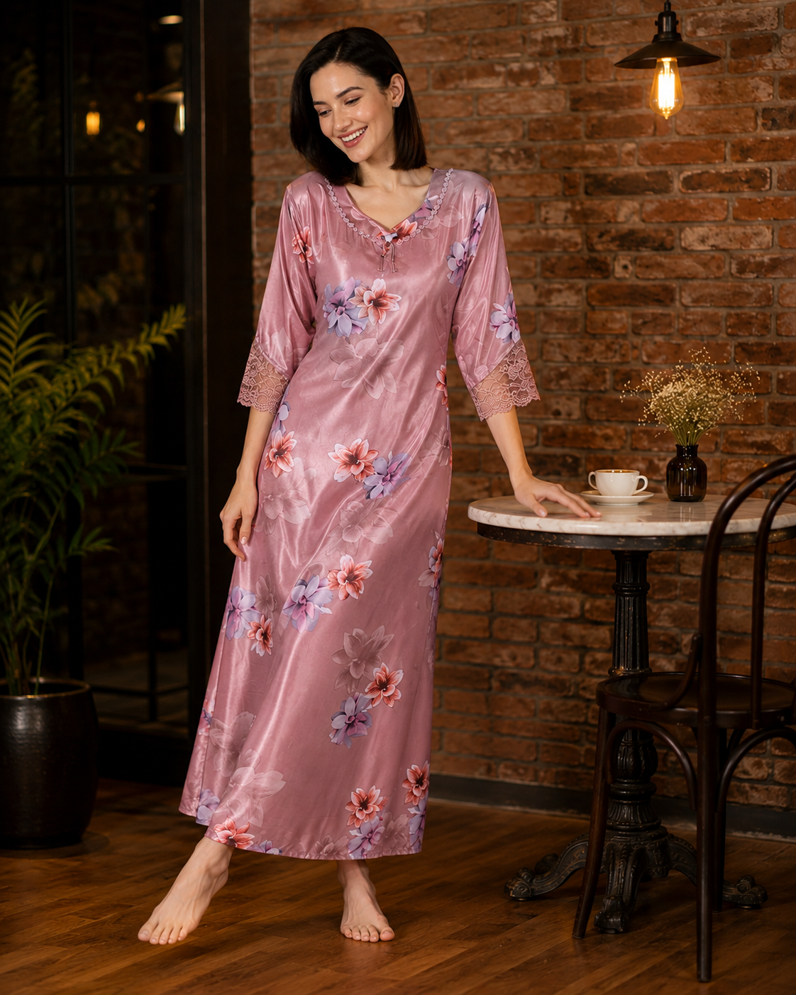Belavastra Premium Glossy Satin Nighty - Rose Pink Floral 3/4 Sleeve Maxi