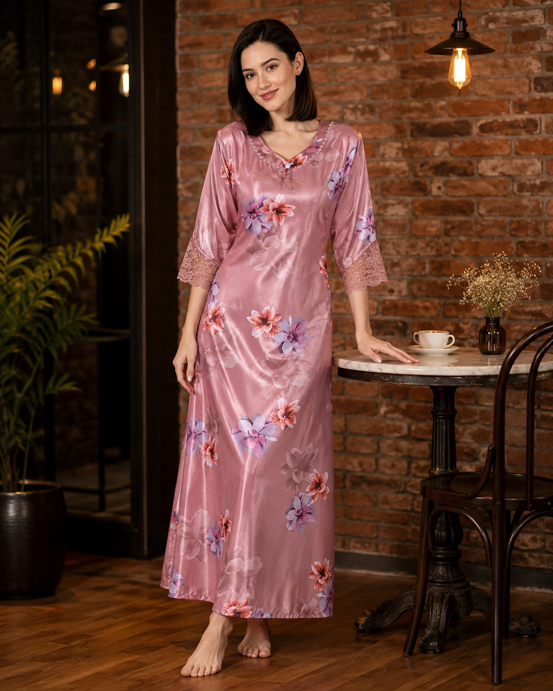 Belavastra Premium Glossy Satin Nighty - Rose Pink Floral 3/4 Sleeve Maxi