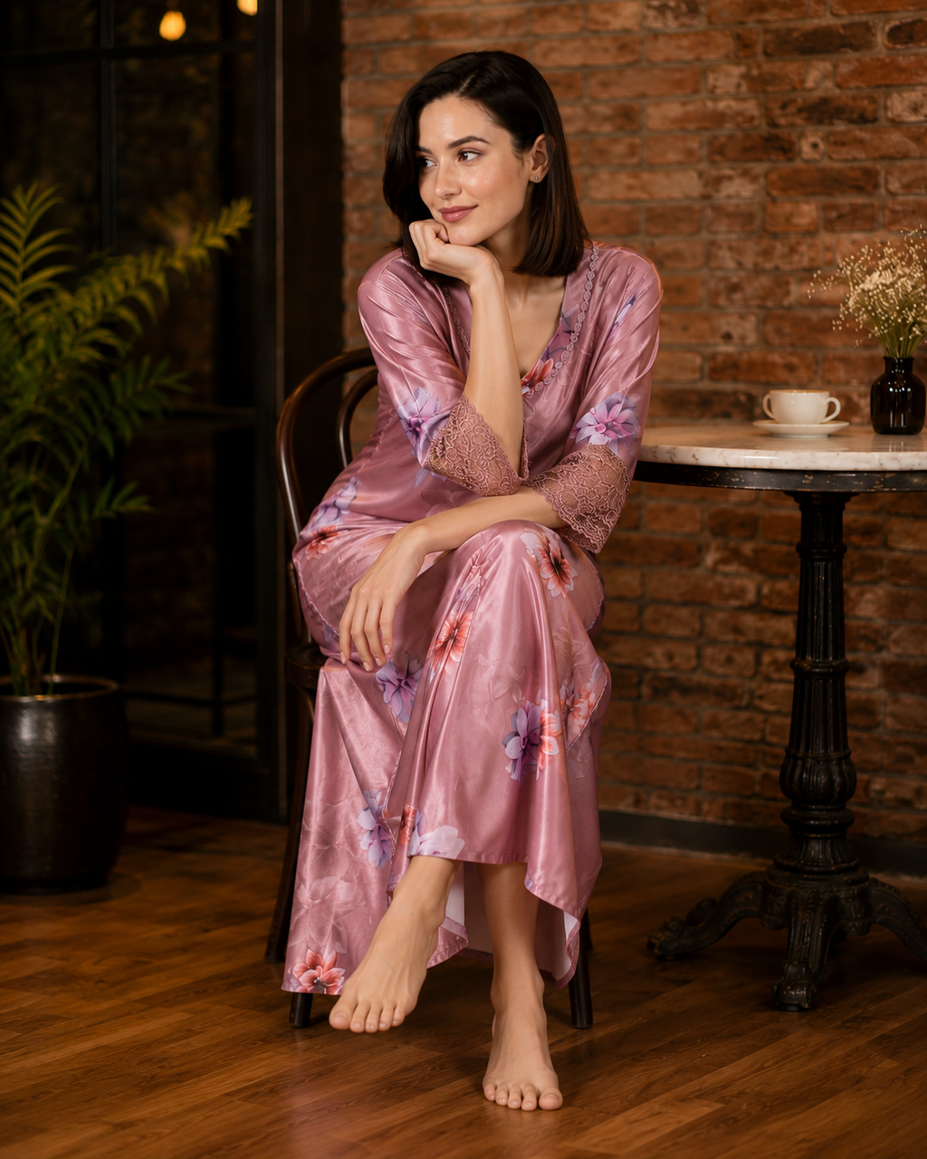 Belavastra Premium Glossy Satin Nighty - Rose Pink Floral 3/4 Sleeve Maxi