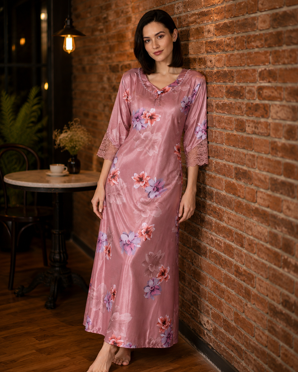 Belavastra Premium Glossy Satin Nighty - Rose Pink Floral 3/4 Sleeve Maxi