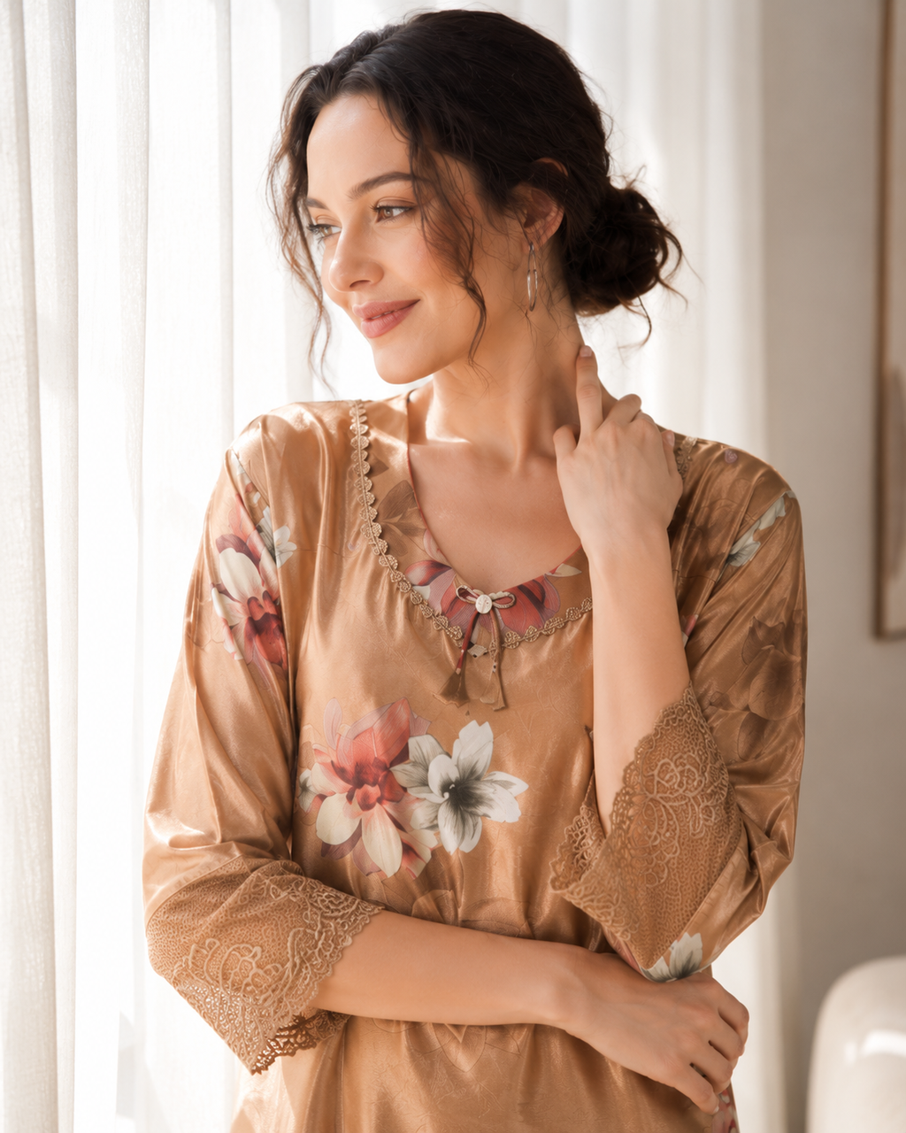 Belavastra Premium Glossy Satin Nighty - Champagne Gold Floral 3/4 Sleeve Maxi
