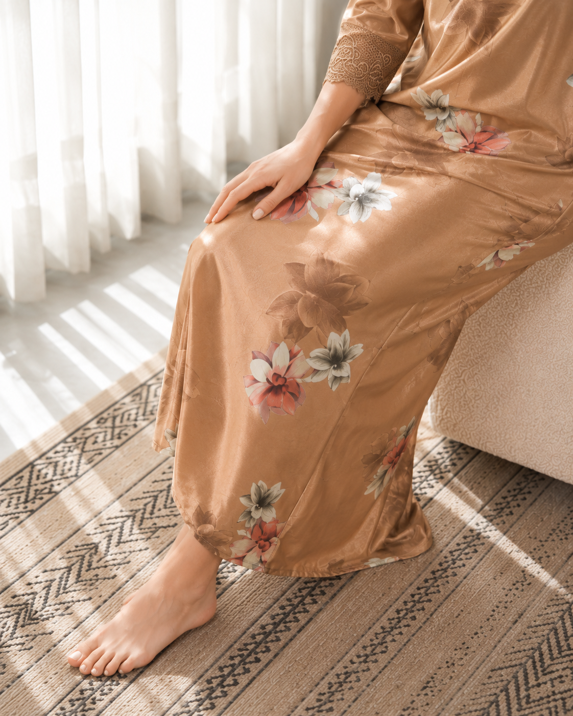 Belavastra Premium Glossy Satin Nighty - Champagne Gold Floral 3/4 Sleeve Maxi