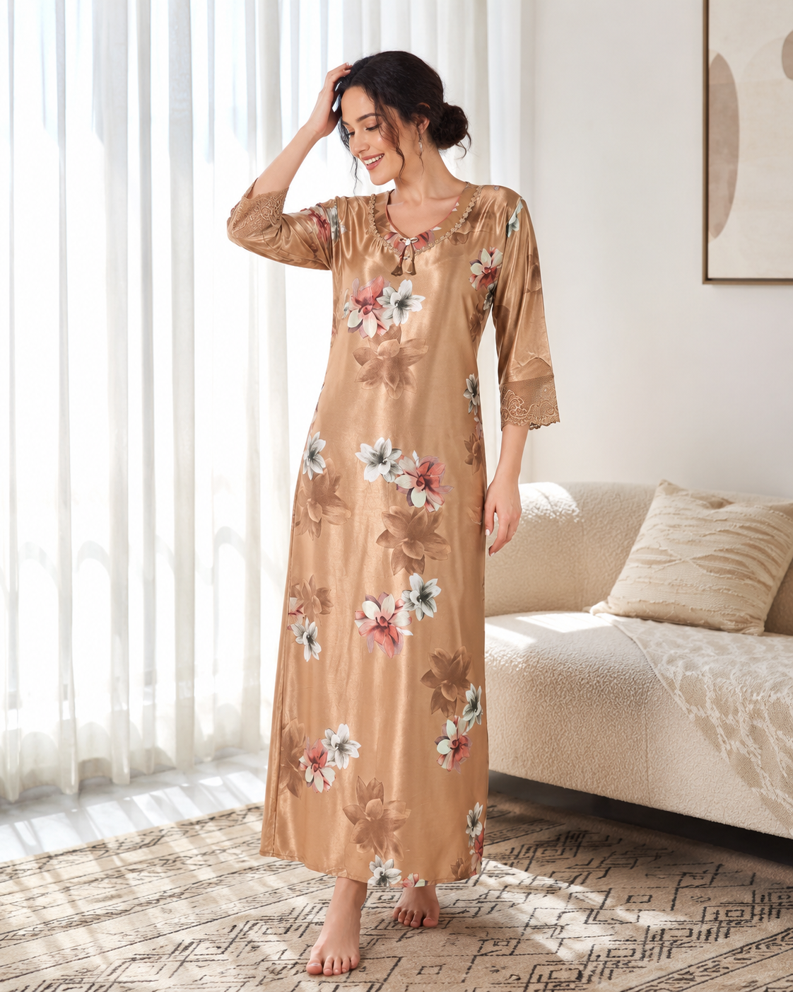 Belavastra Premium Glossy Satin Nighty - Champagne Gold Floral 3/4 Sleeve Maxi