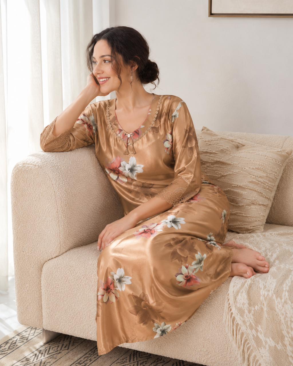 Belavastra Premium Glossy Satin Nighty - Champagne Gold Floral 3/4 Sleeve Maxi