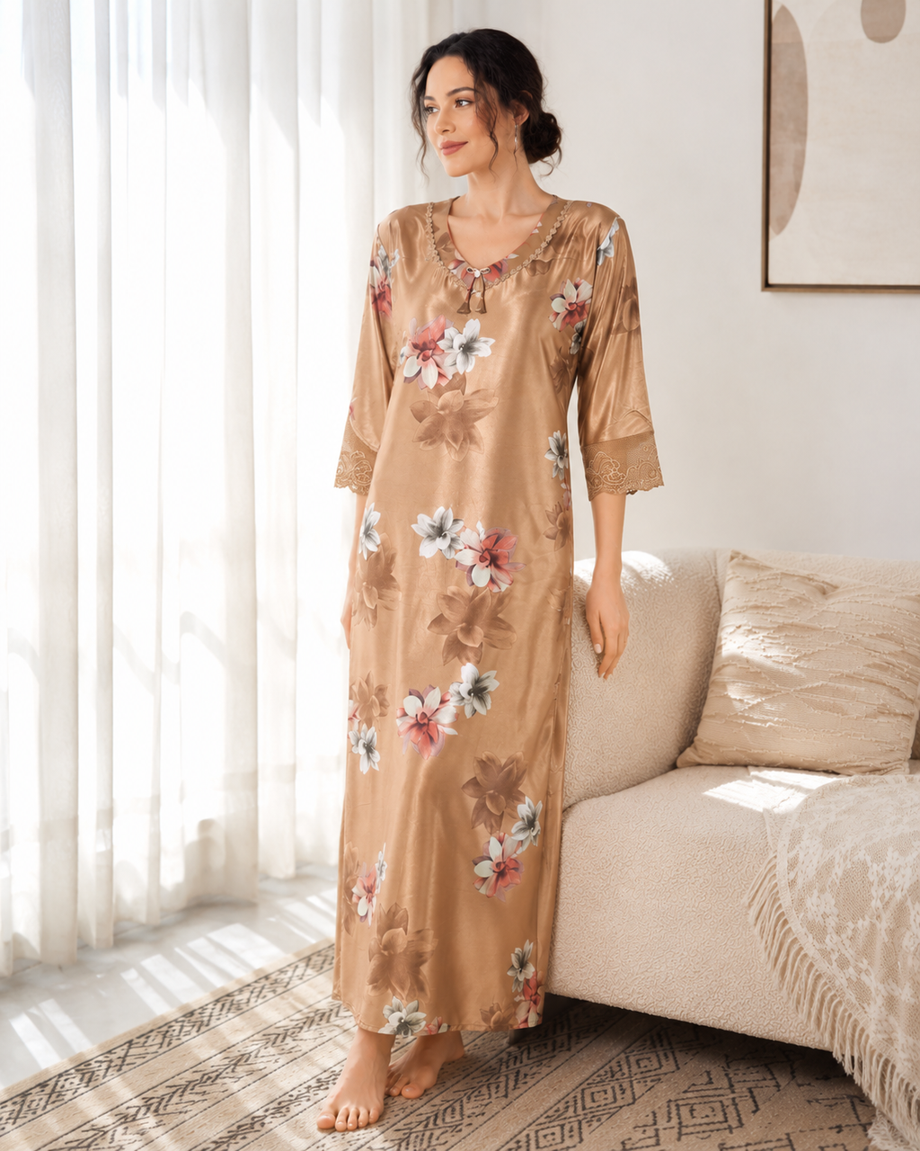Belavastra Premium Glossy Satin Nighty - Champagne Gold Floral 3/4 Sleeve Maxi