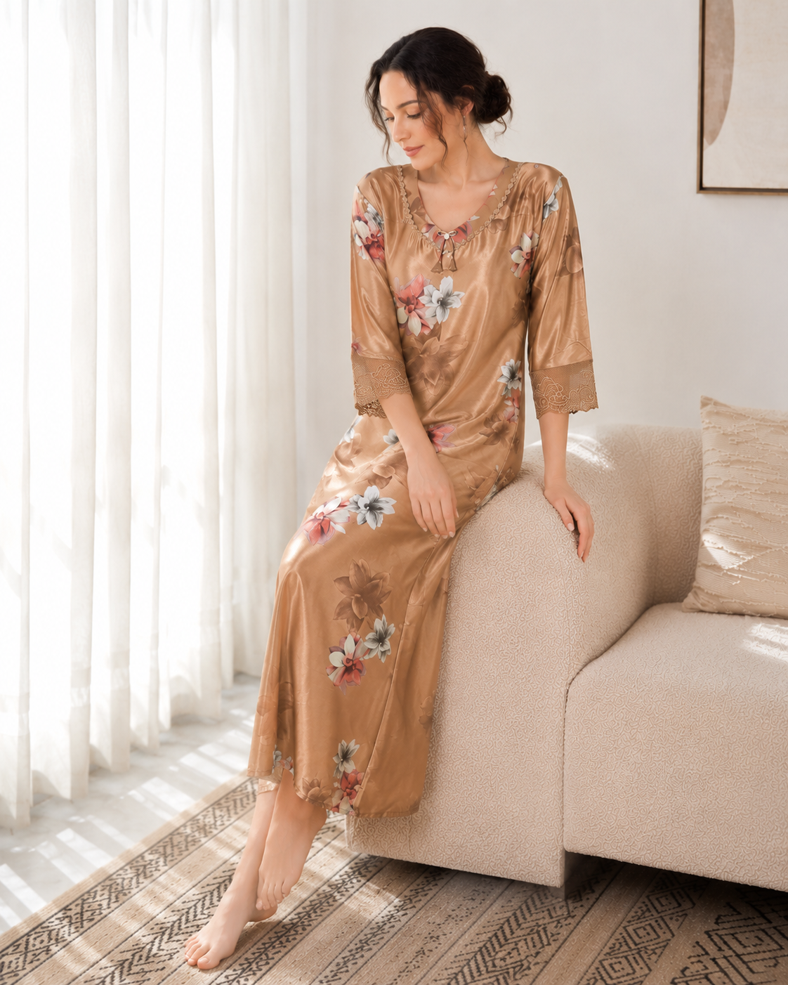 Belavastra Premium Glossy Satin Nighty - Champagne Gold Floral 3/4 Sleeve Maxi