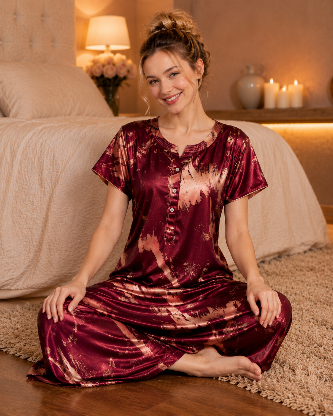 Belavastra Premium Glossy Satin Printed Nighty - Wine Maroon & Copper Abstract Maxi
