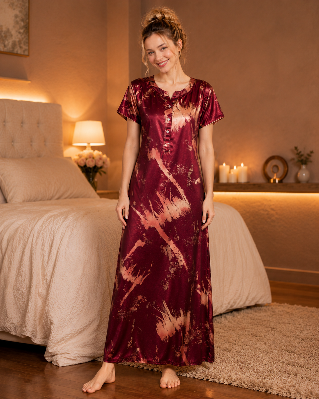 Belavastra Premium Glossy Satin Printed Nighty - Wine Maroon & Copper Abstract Maxi