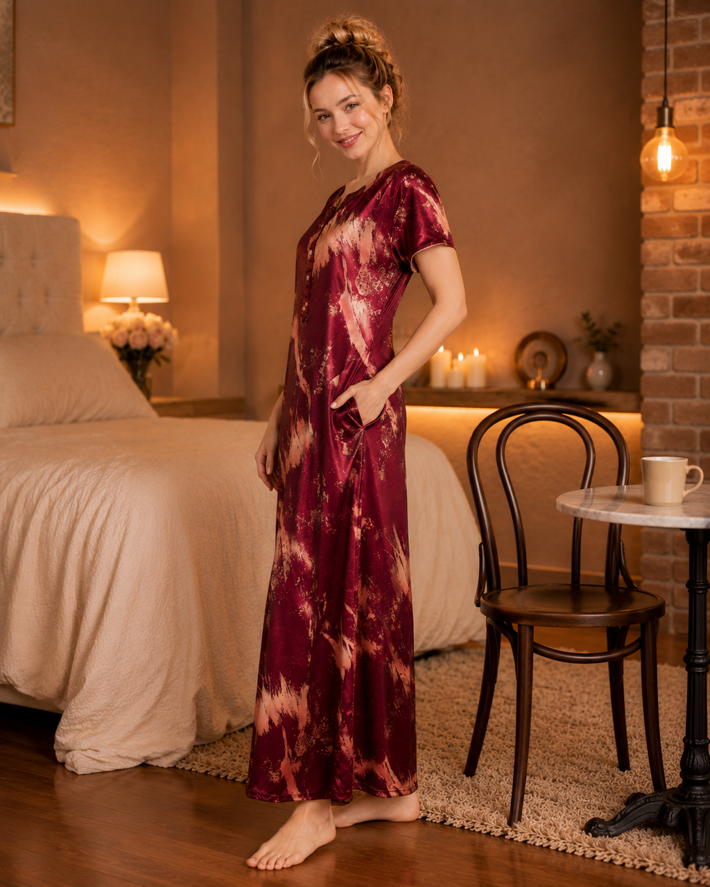 Belavastra Premium Glossy Satin Printed Nighty - Wine Maroon & Copper Abstract Maxi