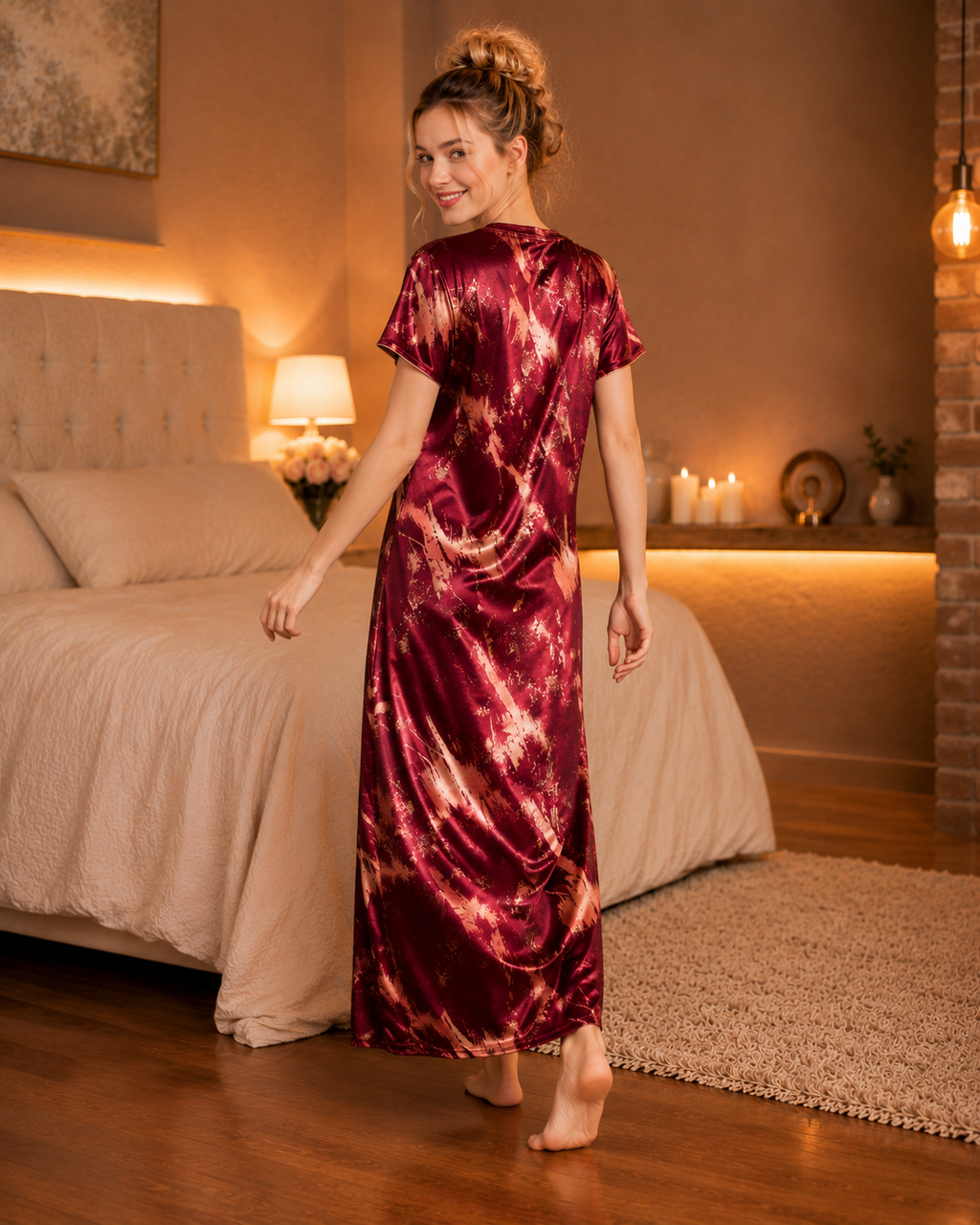 Belavastra Premium Glossy Satin Printed Nighty - Wine Maroon & Copper Abstract Maxi
