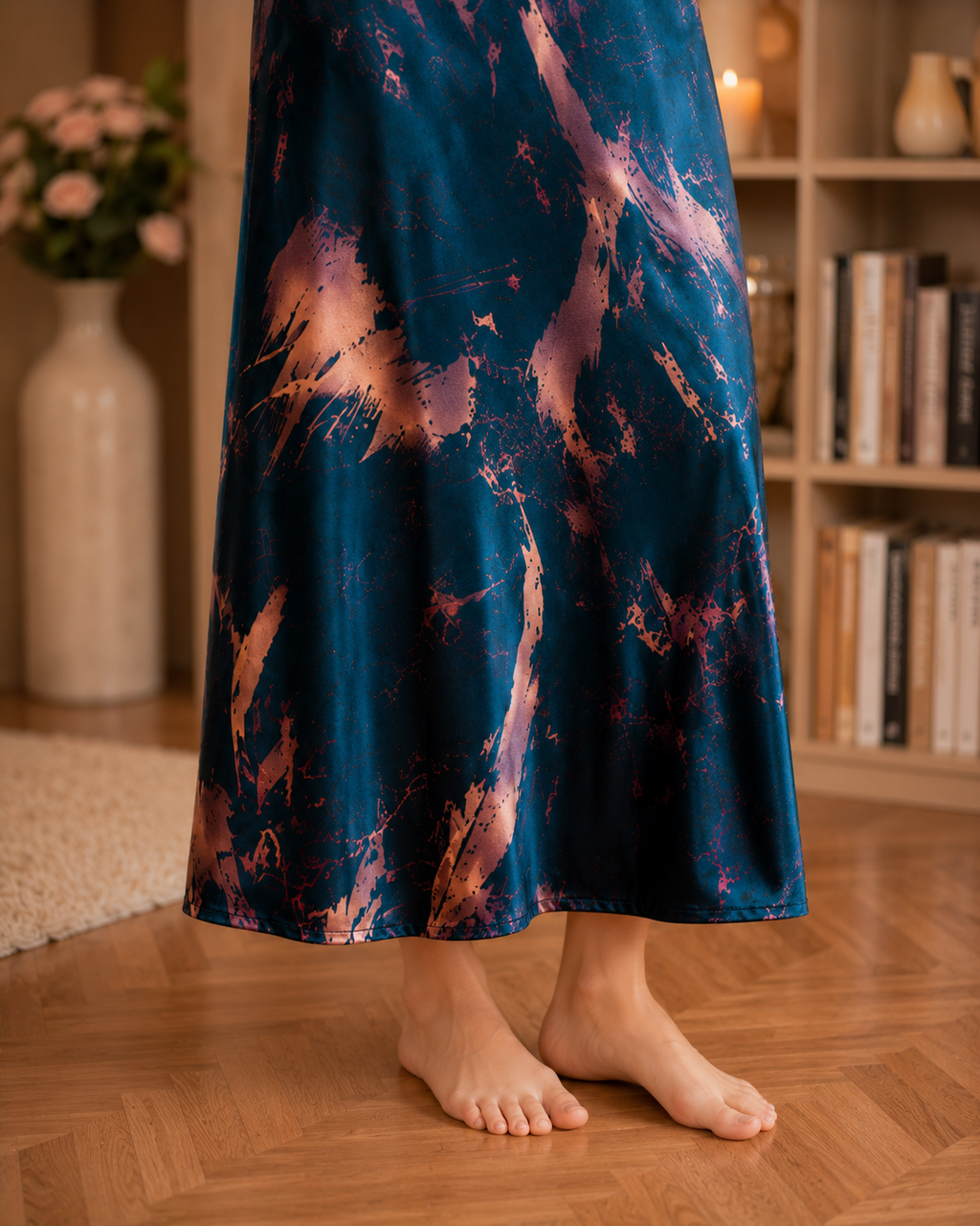 Belavastra Premium Glossy Satin Printed Nighty - Emerald Green & Rose Gold Abstract Maxi