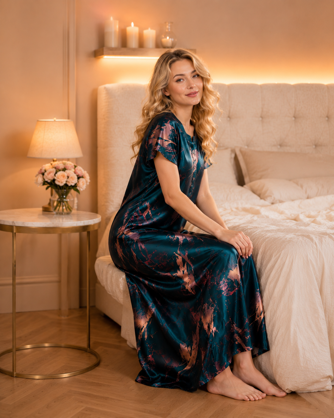 Belavastra Premium Glossy Satin Printed Nighty - Emerald Green & Rose Gold Abstract Maxi