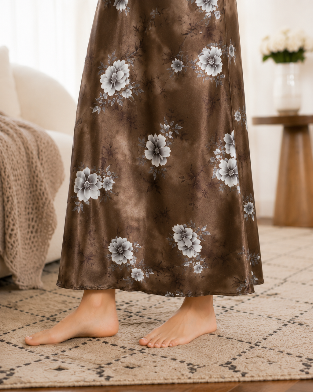 Belavastra Premium Glossy Satin Printed Nighty - Coffee Brown & Lace Sleeve Rose Maxi