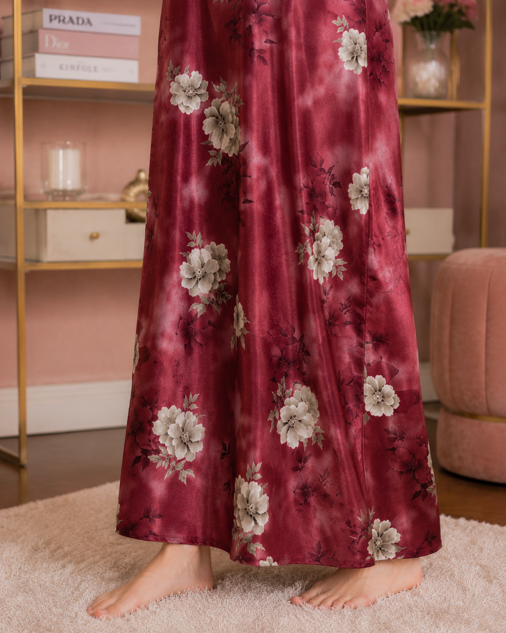 Belavastra Premium Glossy Satin Printed Nighty - Wine Burgundy & Lace Sleeve Rose Maxi