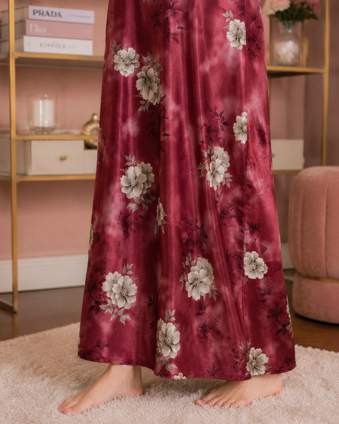 Belavastra Premium Glossy Satin Printed Nighty - Wine Burgundy & Lace Sleeve Rose Maxi