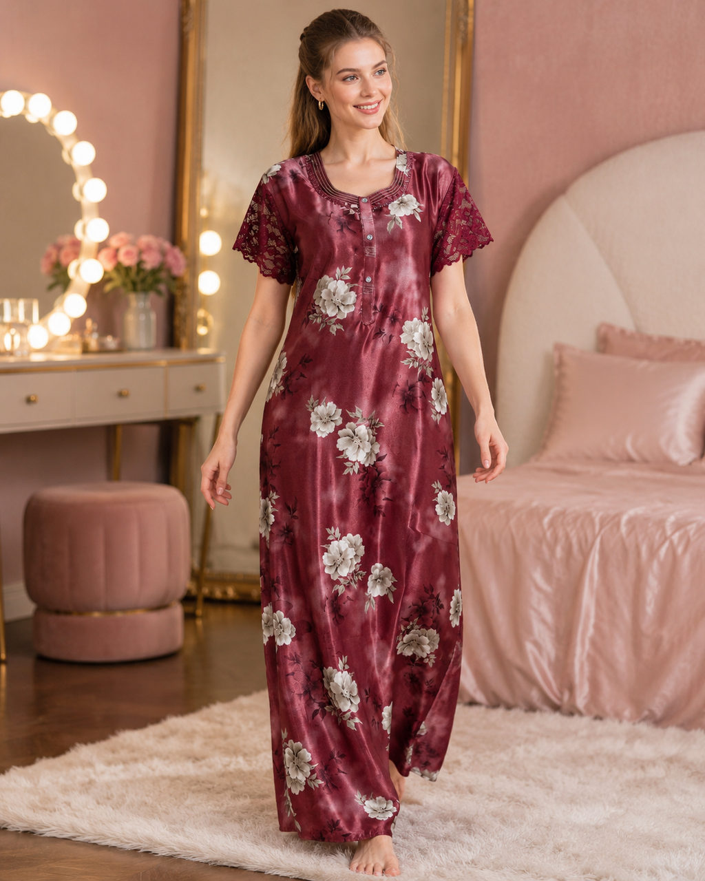 Belavastra Premium Glossy Satin Printed Nighty - Wine Burgundy & Lace Sleeve Rose Maxi