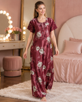 Belavastra Premium Glossy Satin Printed Nighty - Wine Burgundy & Lace Sleeve Rose Maxi