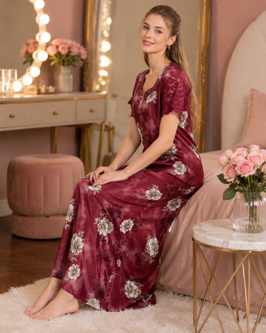 Belavastra Premium Glossy Satin Printed Nighty - Wine Burgundy & Lace Sleeve Rose Maxi