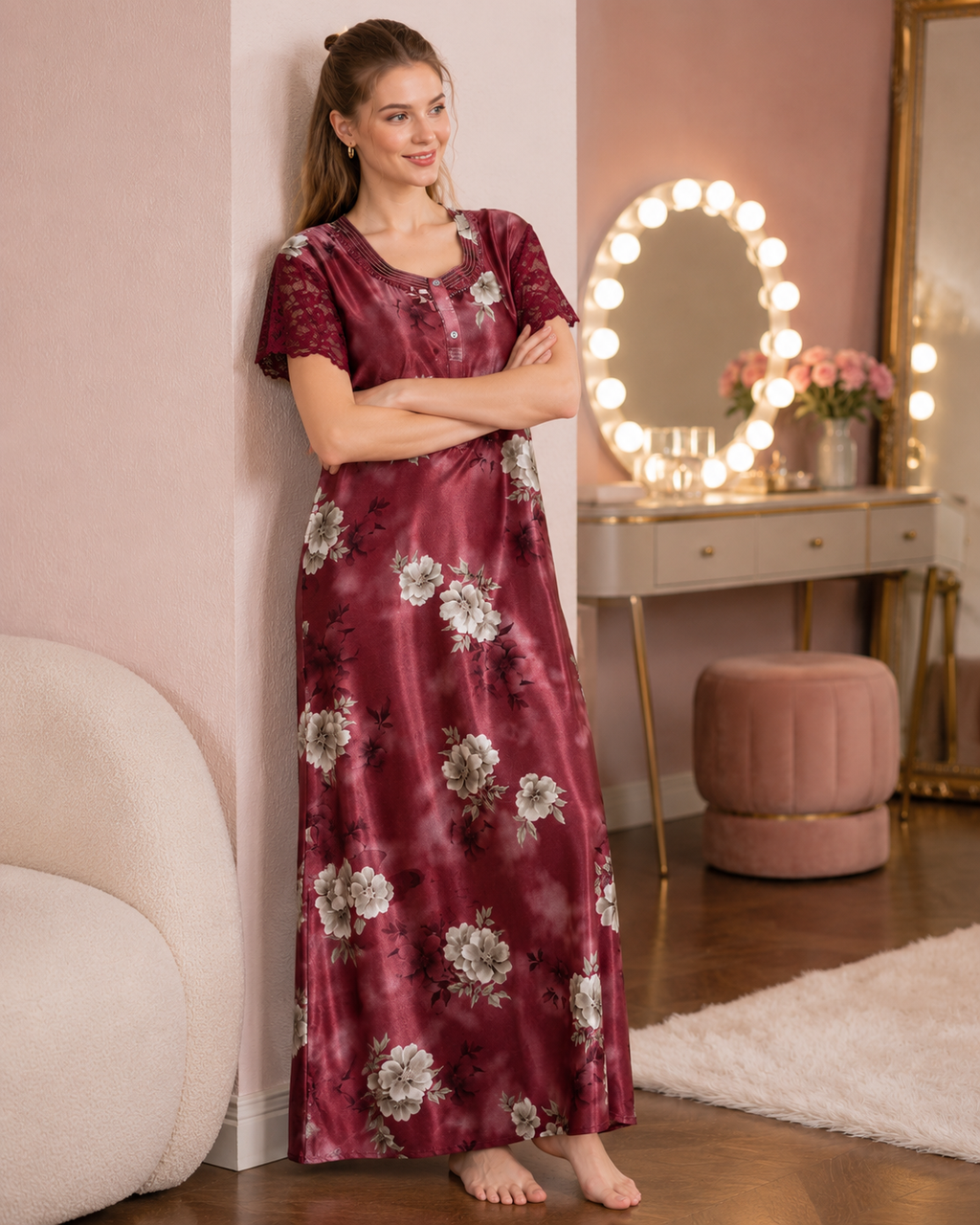 Belavastra Premium Glossy Satin Printed Nighty - Wine Burgundy & Lace Sleeve Rose Maxi