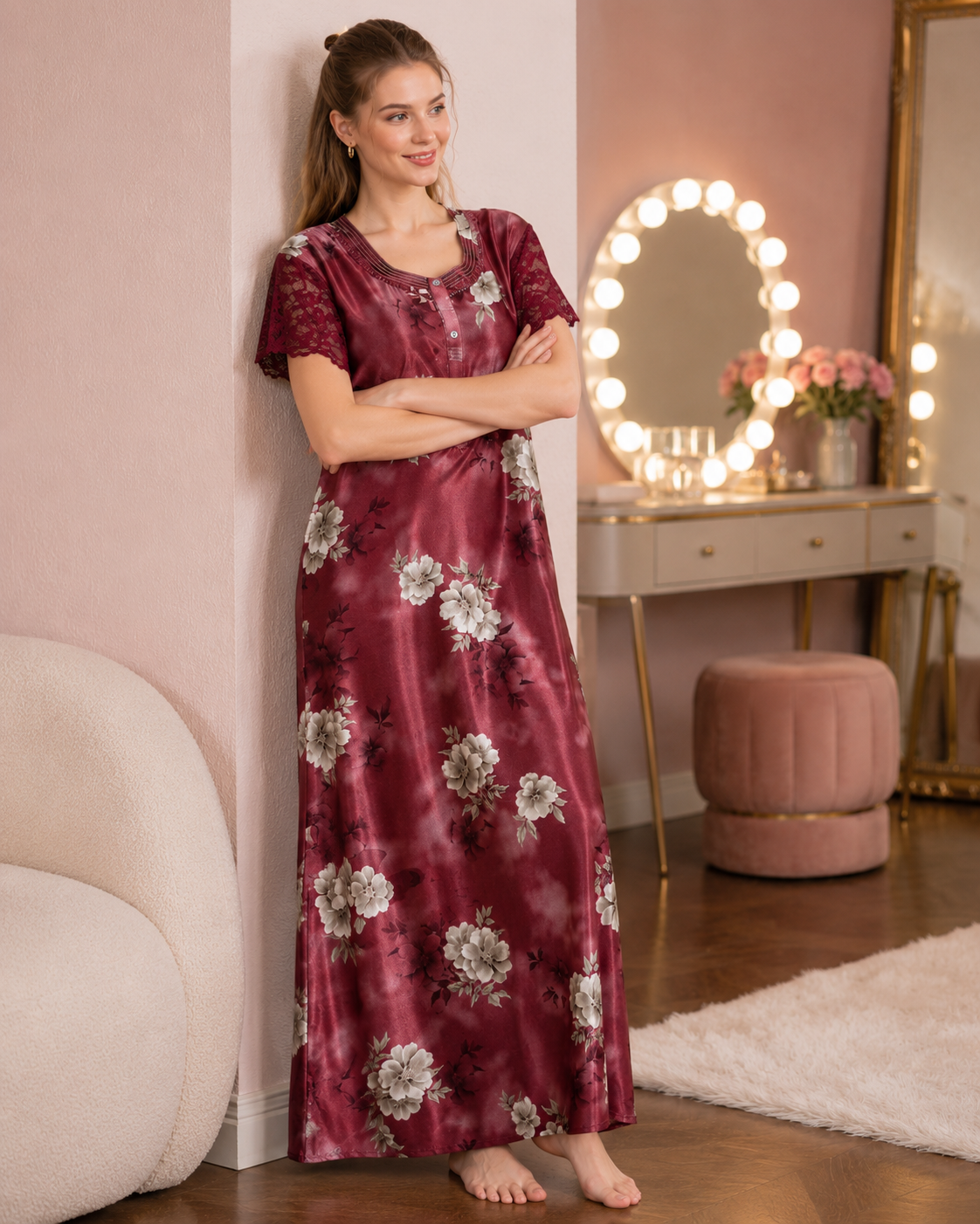 Belavastra Premium Glossy Satin Printed Nighty - Wine Burgundy & Lace Sleeve Rose Maxi