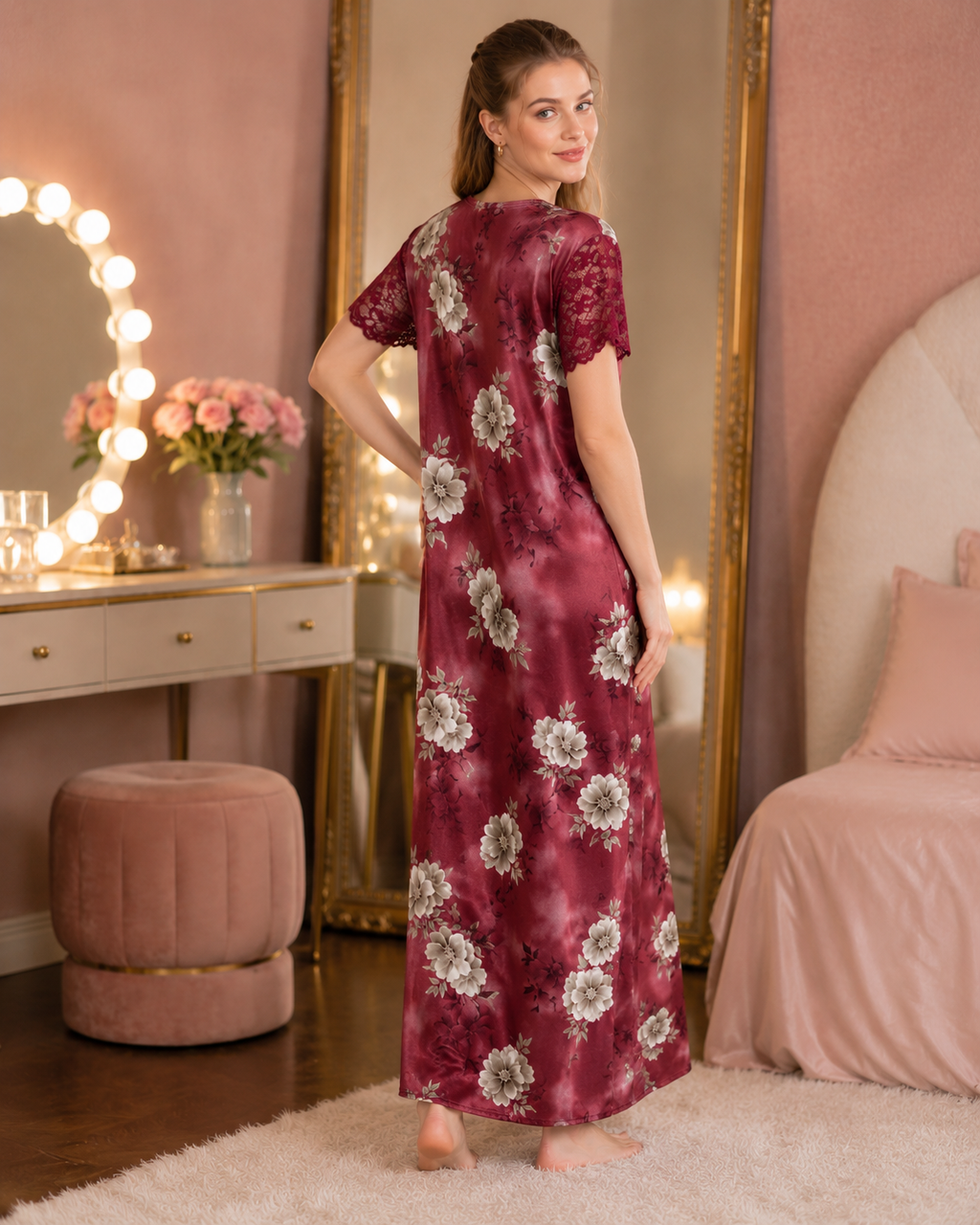 Belavastra Premium Glossy Satin Printed Nighty - Wine Burgundy & Lace Sleeve Rose Maxi