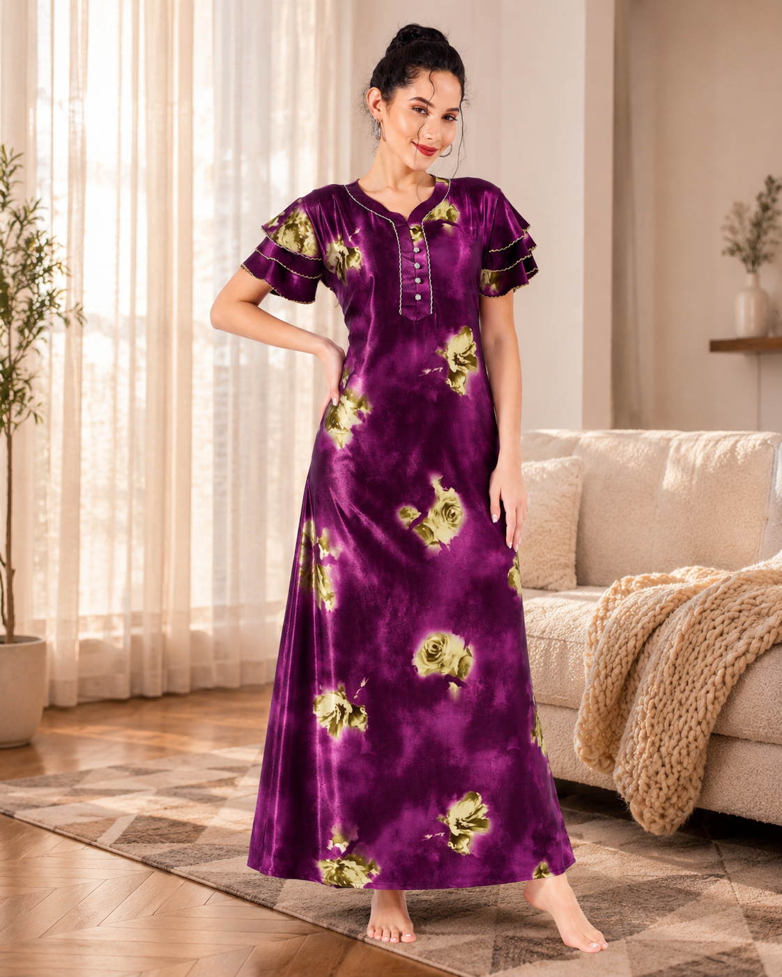 Belavastra Premium Glossy Satin Nighty - Violet Purple & Ruffle Sleeve Rose Maxi