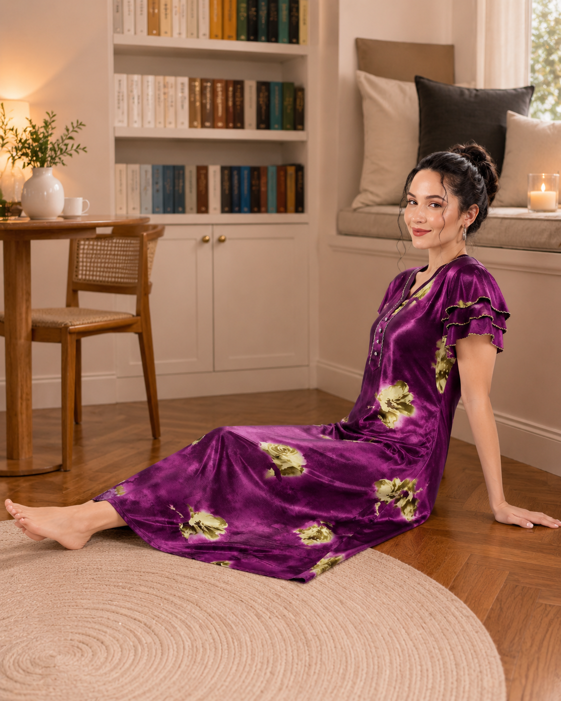 Belavastra Premium Glossy Satin Nighty - Violet Purple & Ruffle Sleeve Rose Maxi