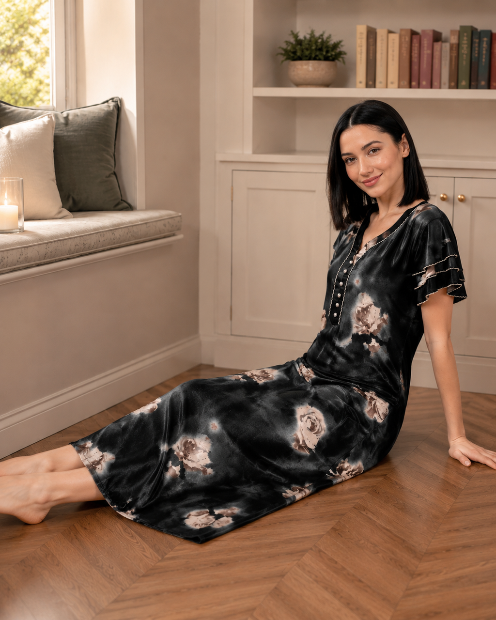 Belavastra Premium Glossy Satin Nighty - Midnight Black & Ruffle Sleeve Rose Maxi