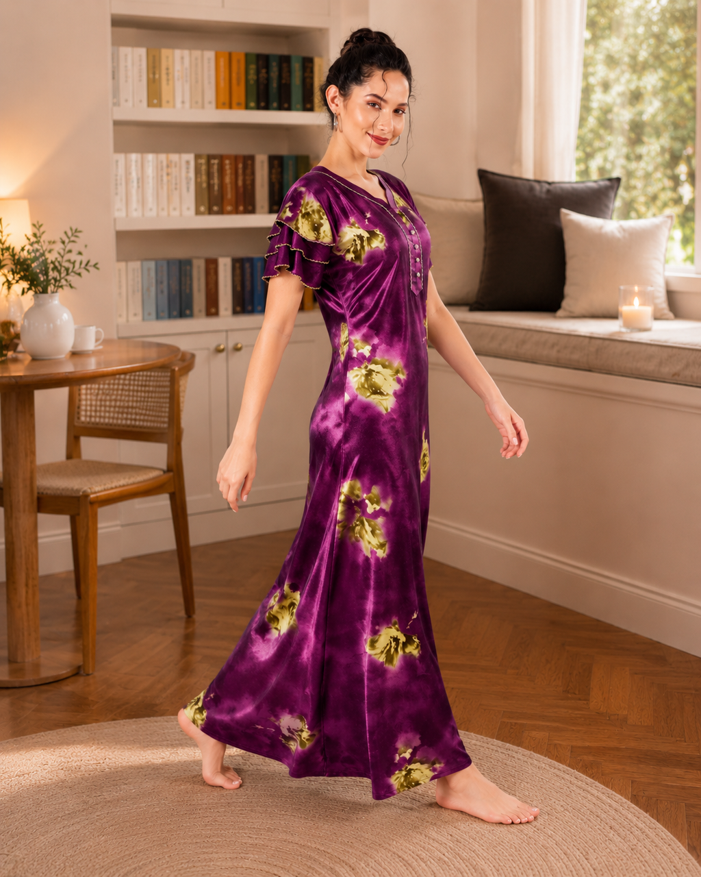 Belavastra Premium Glossy Satin Nighty - Violet Purple & Ruffle Sleeve Rose Maxi
