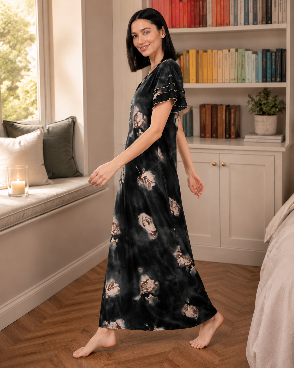 Belavastra Premium Glossy Satin Nighty - Midnight Black & Ruffle Sleeve Rose Maxi